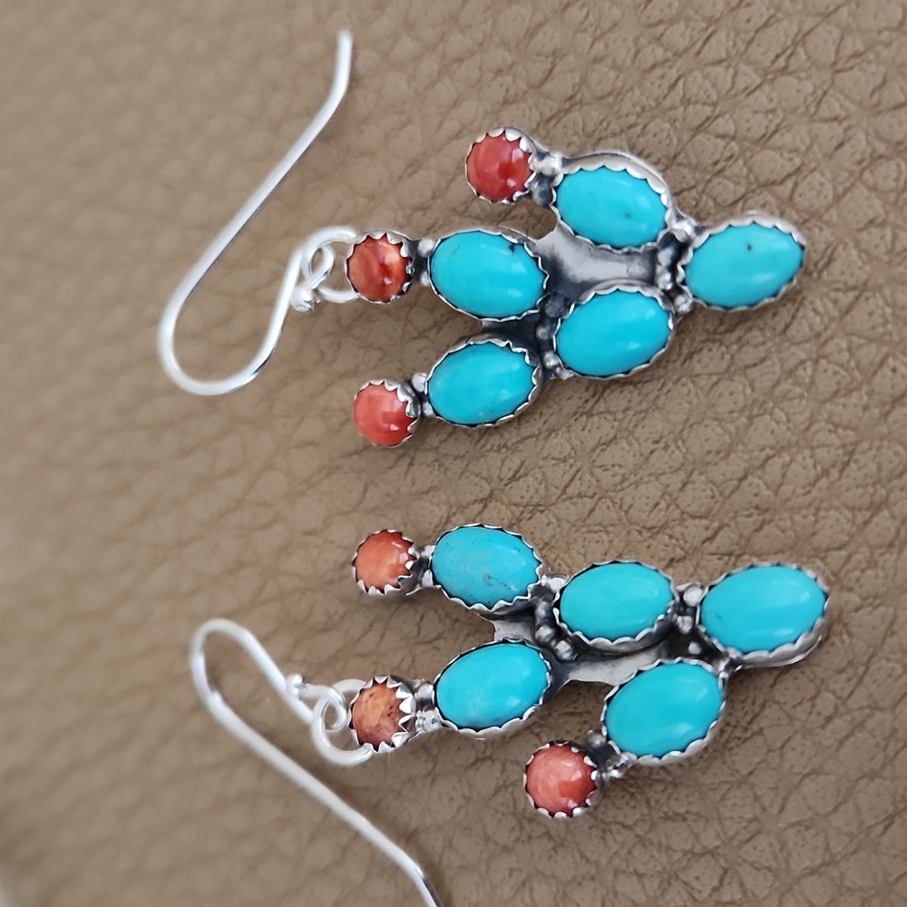 NWT Native American Navajo Turquoise Cactus Dangle Earrings 🩵🌵🧡 - Picture 3 of 12